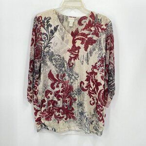 Chicos Knit Blouse Sheer Sleeves Rhinestones 3/4 Sleeve Cream Red Chicos 2 Sz L